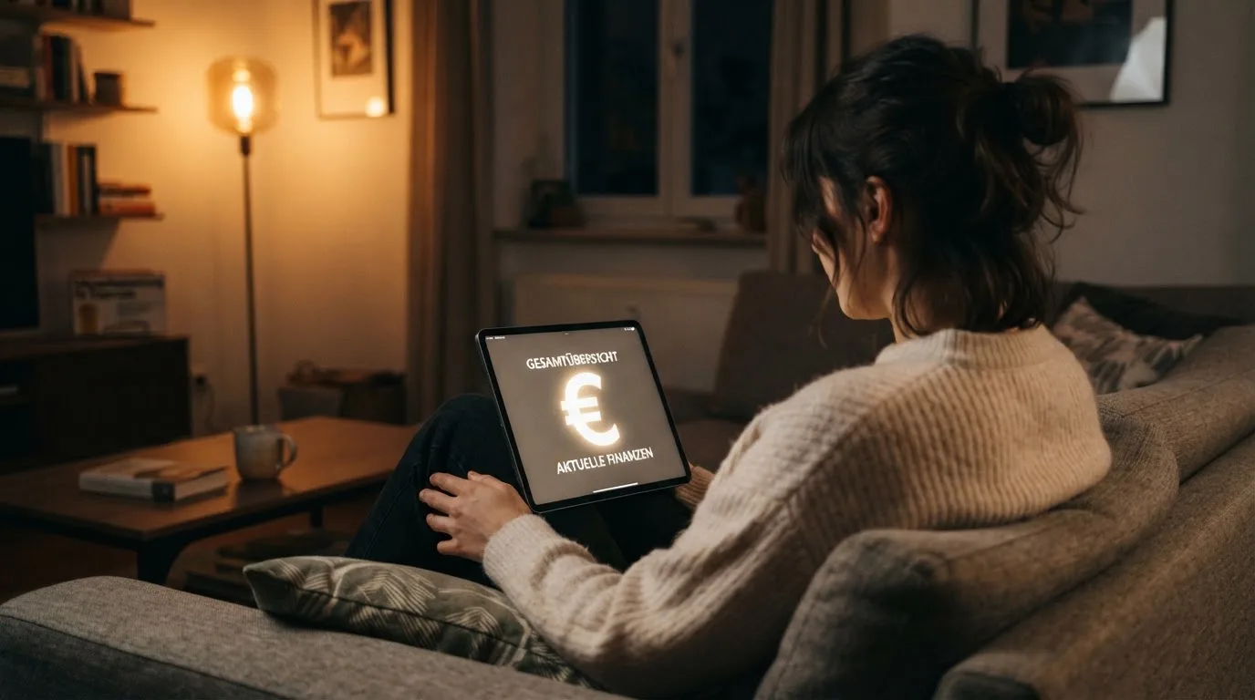 Person sitzt entspannt auf einem Sofa und blickt konzentriert auf ein Tablet in gedämpftem Wohnzimmerlicht am Abend.