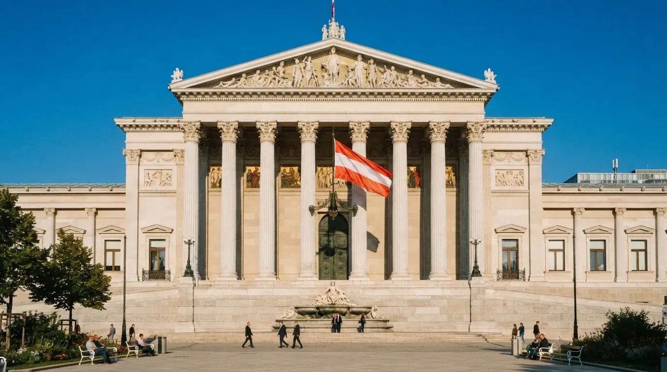 Fassade eines klassizistischen Wiener Amtsgebäudes mit österreichischer Flagge an einem klaren Nachmittag.