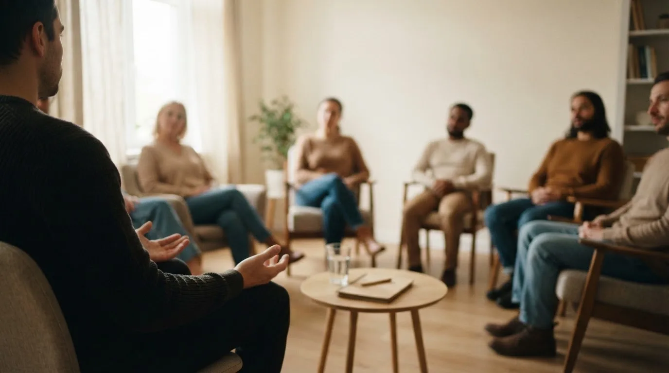 Kleine Gruppe sitzt im Kreis in einem hellen Beratungsraum und spricht miteinander, Gesichter nicht im Fokus.