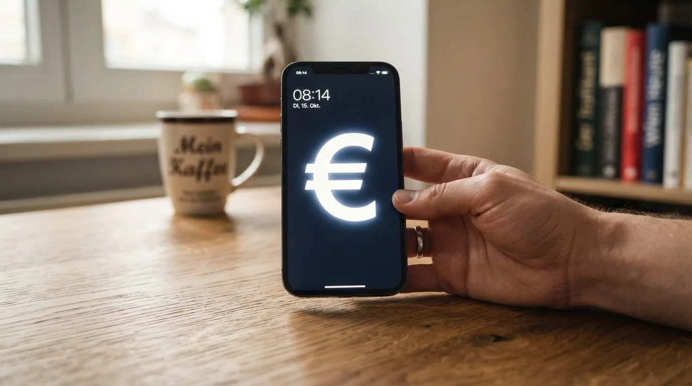Nahaufnahme zweier Hände, die ein Smartphone übergeben, an einem Holztisch bei Tageslicht.